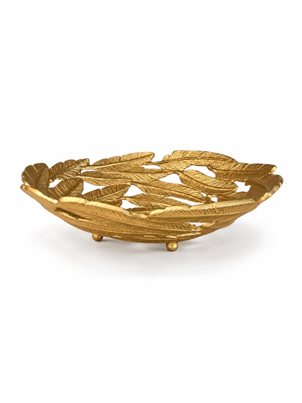 Gold Metal Feather Leaf Decorative Bowl Tray Footed Accent Decor
